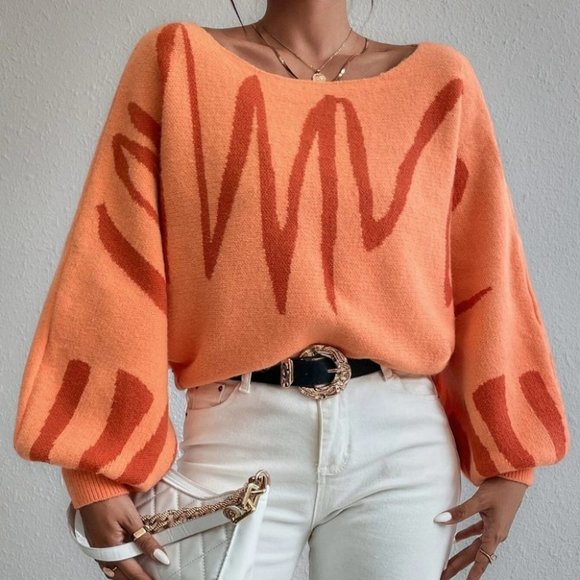 graphic pattern lantern sleeve sweater orange - Picture 3 of 7